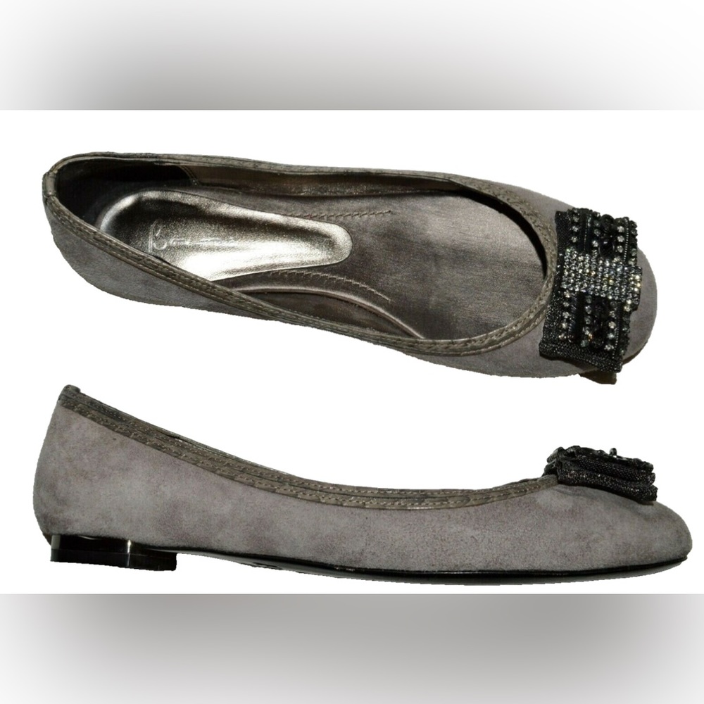 BOURNE SIZE 9 M 39 GRAY SUEDE LEATHER RHINESTONES BOW BALLET FLATS SHOES